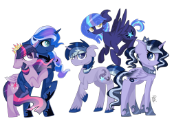 Size: 3264x2300 | Tagged: safe, artist:gallantserver, princess luna, twilight sparkle, oc, oc:artemis (gallantserver), oc:harmony (gallantserver), oc:nyx (gallantserver), alicorn, pegasus, pony, unicorn, g4, alicorn oc, alternate hairstyle, blue eyes, braid, closed mouth, colored hooves, colored wings, concave belly, crown, ears back, ethereal hair, ethereal mane, ethereal tail, female, flying, folded wings, gradient mane, gradient tail, gradient wings, group, hoof shoes, horn, jewelry, lesbian, magical lesbian spawn, male, mare, mother and child, mother and daughter, mother and son, mouth on side of face, multiple characters, offspring, parent:princess luna, parent:twilight sparkle, parents:twiluna, pegasus oc, peytral, ponytail, princess shoes, purple eyes, quintet, raised hoof, regalia, ship:twiluna, shipping, siblings, simple background, sisters, smiling, sparkly mane, sparkly tail, spread wings, stallion, standing, tail, tiara, transparent background, twilight sparkle (alicorn), unicorn oc, unshorn fetlocks, wings, yellow eyes