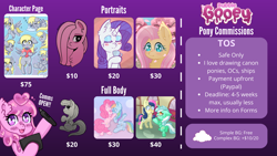 Size: 5500x3100 | Tagged: safe, artist:bubblegooey, bon bon, derpy hooves, fluttershy, lyra heartstrings, octavia melody, pinkie pie, rainbow dash, rarity, sweetie drops, oc, oc:bubblegooey, earth pony, pegasus, pony, unicorn, g4, advertisement, advertising, bust, commission, commission example, commission info, commissions open, cute, digital art, expressions, female, full body, logo, looking at each other, looking at someone, mare, pinkamena diane pie, portrait, price sheet, prices, shipping