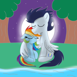 Size: 1400x1400 | Tagged: safe, artist:mrsdashskies, rainbow dash, soarin', pegasus, pony, g4, eyes closed, female, hug, male, mare, moon, moonlight, ship:soarindash, shipping, smiling, stallion, straight, tree, water, winghug, wings