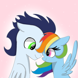 Size: 1400x1400 | Tagged: safe, artist:mrsdashskies, rainbow dash, soarin', pegasus, pony, g4, female, looking at each other, looking at someone, male, mare, ship:soarindash, shipping, smiling, smiling at each other, stallion, straight