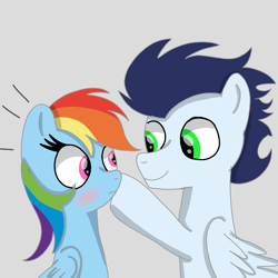 Size: 1400x1400 | Tagged: safe, artist:mrsdashskies, rainbow dash, soarin', pegasus, pony, g4, blushing, boop, female, gray background, looking at each other, looking at someone, male, mare, ship:soarindash, shipping, simple background, smiling, stallion, straight