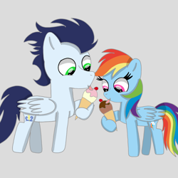 Size: 1400x1400 | Tagged: safe, artist:mrsdashskies, rainbow dash, soarin', pegasus, pony, g4, eating, female, food, gray background, ice cream, male, mare, ship:soarindash, shipping, simple background, stallion, straight