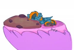 Size: 2501x1708 | Tagged: safe, artist:saphypone, oc, oc only, oc:saphira moon, oc:skittle, pegasus, pony, cookie, food, holding a pony, micro, simple background, sleeping, tiny, tiny ponies, white background