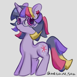 Size: 4096x4096 | Tagged: safe, artist:metaruscarlet, twilight sparkle, pony, unicorn, g4, alternate design, ear piercing, earring, glasses, glasses chain, horn, jewelry, piercing, ponytail, redesign, round glasses, simple background, solo, standing, unicorn twilight, white background