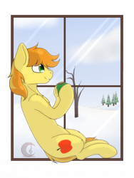 Size: 1872x2496 | Tagged: safe, artist:nekoremilia1, braeburn, earth pony, pony, g4, chocolate, commission, food, hot chocolate, looking out the window, male, simple background, sitting, smiling, snow, solo, stallion, tail, transparent background, tree, two toned mane, two toned tail, window, winter, ych result