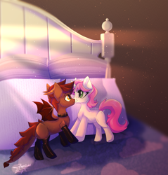 Size: 3385x3539 | Tagged: safe, artist:jsunlight, oc, oc only, oc:bubblegum kiss, oc:whiskey dreams, bed, crepuscular rays, dust motes, plushie