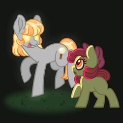 Size: 900x900 | Tagged: safe, artist:missmagicalgirl, apple bloom, oc, oc:ruby (story of the blanks), earth pony, pony, story of the blanks, g4, blank flank, female, filly, foal, glowing