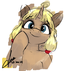 Size: 1776x1928 | Tagged: safe, artist:potato22, oc, oc only, oc:syl, earth pony, unicorn, bipedal, bust, female, human shoulders, looking at you, mare, simple background, smiling, smiling at you, solo, white background