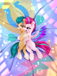 Size: 1772x2362 | Tagged: safe, artist:darksly, hitch trailblazer, zipp storm, earth pony, pegasus, pony, g5, adorazipp, blanket, blushing, colored eyebrows, colored wings, colored wingtips, commission, cuddling, cute, duo, duo male and female, eye contact, eyebrows, female, hitchbetes, hug, lidded eyes, looking at each other, looking at someone, male, mare, markings, multicolored wings, open mouth, open smile, ship:stormblazer, shipping, signature, smiling, smiling at each other, spread wings, stallion, straight, unshorn fetlocks, wings