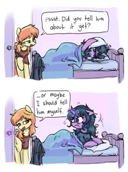 Size: 697x935 | Tagged: safe, artist:plunger, oc, oc only, earth pony, pony, unicorn, angry, bed, blanket, clothes, comic, cute, female, imported from twibooru, looking at each other, looking at someone, mare, pillow, raised leg, scrunchy face, shirt, simple background, stare, tired, white background