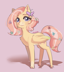 Size: 800x900 | Tagged: safe, artist:sally223, fluttershy, pegasus, pony, g4, alternate hairstyle, braid, chest fluff, coat markings, colored hooves, cute, female, flower, flower in hair, flower in tail, folded wings, looking at you, mare, pink background, shadow, short hair fluttershy, short mane, shyabetes, simple background, socks (coat markings), solo, tail, unshorn fetlocks, wings