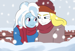 Size: 1280x879 | Tagged: safe, artist:qsky, color edit, edit, prince blueblood, trixie, human, equestria girls, g4, clothes, colored, duo, equestria girls-ified, female, male, scarf, ship:bluetrix, shipping, snow, snowfall, straight