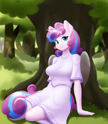 Size: 2000x2300 | Tagged: safe, artist:junglemango, princess flurry heart, alicorn, anthro, g4, clothes, dress, fanfic art, female, forest, nature, older, older flurry heart, smiling, solo, tree