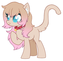 Size: 2845x2779 | Tagged: safe, artist:sinamuna, oc, oc only, oc:kerfluffle, cat, cat pony, original species, pony, base used, bell, bell collar, blue eyes, brown eyes, brown fur, brown hair, cat ears, cat tail, collar, female, fluffy hair, long hair, mare, pink hair, simple background, slit pupils, smiling, solo, tail, transparent background