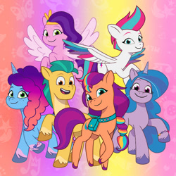 Size: 640x640 | Tagged: safe, hitch trailblazer, izzy moonbow, misty brightdawn, pipp petals, sunny starscout, zipp storm, earth pony, pegasus, pony, unicorn, g5, my little pony: tell your tale, official, 2d, abstract background, cover, female, looking at you, male, mane five, mane six (g5), mare, raised hoof, rebirth misty, smiling, smiling at you, spotify, stallion, standing