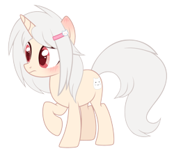 Size: 3025x2629 | Tagged: safe, artist:sinamuna, oc, oc only, oc:quiet psyche, pony, unicorn, base used, blushing, cute, ear blush, frown, genderfluid, hairclip, horn, looking left, nonbinary, peach coat, peach fur, raised hoof, red eyes, simple background, solo, tail, transparent background, white hair, white mane, white tail