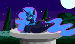 Size: 2728x1624 | Tagged: safe, artist:iron curtain, nightmare moon, alicorn, pony, g4, butt, female, lying down, mare, moon, night, nightmare moonbutt, plot, prone, solo, stars, tree