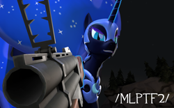 Size: 3145x1944 | Tagged: safe, artist:xafilah, nightmare moon, alicorn, pony, g4, /mlp/ tf2 general, 3d, gmod, grenade launcher, looking at you, solo, source filmmaker, weapon