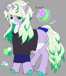 Size: 1128x1283 | Tagged: safe, oc, oc:illumina, unicorn, blonde hair, bow, femboy, green eyes, intersex, lip piercing, male, piercing, reference sheet, tail, tail bow, transgender, unshorn fetlocks