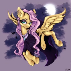 Size: 2048x2048 | Tagged: safe, artist:zizzlefizz, fluttershy, bat, pegasus, pony, g4, female, fluttergoth, flying, full moon, hoof fluff, mare, moon, solo, spread wings, wings