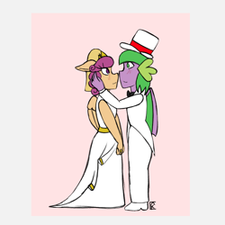 Size: 1000x1000 | Tagged: safe, artist:mintymelody, scootaloo, spike, anthro, g4, clothes, dress, female, hat, male, marriage, requested art, ship:scootaspike, shipping, straight, top hat, tuxedo, wedding, wedding dress, wedding veil