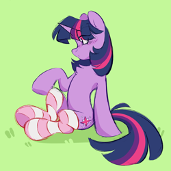 Size: 1900x1900 | Tagged: safe, artist:crimmharmony, twilight sparkle, pony, unicorn, g4, chest fluff, clothes, colored sketch, female, green background, mare, simple background, sitting, sketch, socks, solo, stockings, striped socks, thigh highs, unicorn twilight