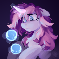 Size: 3000x3016 | Tagged: safe, artist:crimmharmony, oc, oc only, oc:glimmerlight, unicorn, fallout equestria, fallout equestria: murky number seven, crying, ears back, fanfic art, female, horn, mare, painting, sad, simple background, solo, unicorn oc