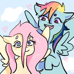 Size: 1204x1200 | Tagged: safe, artist:coc0pepper, fluttershy, rainbow dash, pegasus, pony, g4, duo, female, heart, lesbian, looking at you, mare, open mouth, open smile, ship:flutterdash, shipping, smiling