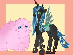 Size: 1600x1204 | Tagged: safe, artist:coc0pepper, queen chrysalis, oc, oc:fluffle puff, changeling, changeling queen, earth pony, pony, g4, canon x oc, chest fluff, female, lesbian, mare, passepartout, ship:chrysipuff, shipping
