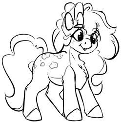 Size: 927x927 | Tagged: safe, artist:trashpanda czar, oc, oc only, oc:confetti cake, earth pony, pony, black and white, body markings, bow, chest fluff, cute, female, grayscale, long mane, long tail, mare, monochrome, poofy mane, simple background, solo, tail