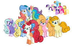 Size: 1280x889 | Tagged: safe, artist:charveedraws, applejack, fluttershy, pinkie pie, rainbow dash, rarity, twilight sparkle, oc, oc:glitter glide, oc:golden delicious, oc:rainbow swirl, oc:strawberry surprise, oc:summer shores, alicorn, earth pony, pegasus, pony, unicorn, g4, bow, coat markings, colored wings, female, hair bow, magical lesbian spawn, mane six, mare, multicolored wings, next generation, offspring, parent:applejack, parent:cheese sandwich, parent:fluttershy, parent:kerfuffle, parent:pinkie pie, parent:rainbow dash, parent:rainbow stars, parent:rarity, parent:sunburst, parent:sunny skies, parent:sunset shimmer, parent:sunshower, parents:appleburst, parents:cheesepie, parents:fluttershower, parents:rainbowskies, parents:rarifuffle, parents:sunsetstars, rainbow wings, simple background, twilight sparkle (alicorn), white background, wings