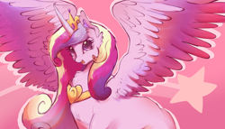 Size: 3078x1760 | Tagged: safe, artist:fealcity, princess cadance, alicorn, pony, g4, cheek fluff, chest fluff, cute, cutedance, gradient background, high res, large wings, looking at you, open mouth, open smile, smiling, smiling at you, solo, spread wings, wings