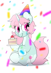 Size: 1457x2064 | Tagged: safe, artist:mochi_nation, oc, oc only, oc:scoops, pony, unicorn, birthday, cake, cake slice, confetti, cute, food, hat, party hat, solo