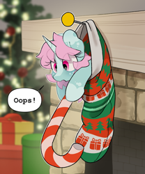 Size: 2243x2701 | Tagged: safe, artist:mochi_nation, oc, oc only, oc:scoops, pony, unicorn, candy, candy cane, christmas, christmas stocking, christmas tree, cute, food, holiday, present, solo, tree