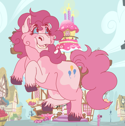 Size: 1337x1354 | Tagged: safe, artist:jimenann, pinkie pie, earth pony, pony, g4, female, giant pony, hoers, ponyville, redesign, solo, sugarcube corner