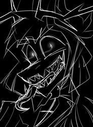 Size: 1469x1994 | Tagged: safe, artist:kutemango, deer, deer pony, demon, hybrid, original species, pony, undead, wendigo, alastor, angry, antlers, black and white, creepy, glowing, glowing eyes, grayscale, hazbin hotel, hellaverse, madness, monochrome, outline, overlord demon, ponified, pupils, screamer, sinner demon, solo, teeth, tongue out, wendigo pony, white outline