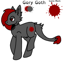 Size: 822x807 | Tagged: safe, artist:godofbots, artist:satuputra, oc, oc only, earth pony, undead, 2024, adoptable, adoptable open, base used, bedroom eyes, blood, color palette, dark gray coat, earth pony oc, feral, fluffy, gray coat, grey oc, hooves, ibispaint x, male, name, red and black oc, red mane, red tail, reference, reference sheet, side view, simple background, solo, standing, tail, tail fluff, text, white background