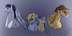 Size: 2610x1313 | Tagged: safe, artist:cinnamoncharm, braeburn, soarin', oc, oc:cloud chaser, oc:color splash (cinnamoncharm), earth pony, pegasus, pony, g4, brothers, bust, colt, divorce, family, foal, gay, hug, magical gay spawn, male, offspring, parent:braeburn, parent:soarin', parents:soarburn, sad, ship:soarburn, shipping, siblings, stallion, story included, winghug, wings