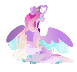Size: 1122x1045 | Tagged: safe, artist:ikanahairitto, princess cadance, alicorn, pony, g4, alternate design, colored wings, curved horn, eyes closed, feathered fetlocks, heart horn, heart shaped, horn, multicolored wings, simple background, sitting, solo, transparent background, wings