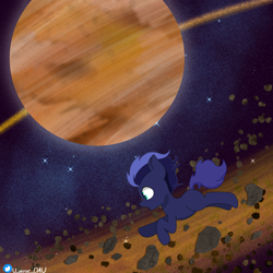 Size: 3000x3000 | Tagged: safe, artist:juniverse, oc, oc:dreamsweet, earth pony, pony, colored, commission, facts, floating, foal, gas planet, planet, ring, rock, saturn, solo, space, stars, surprised