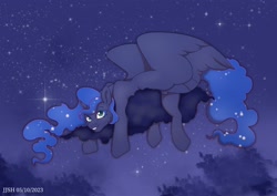 Size: 2560x1810 | Tagged: safe, artist:jjsh, princess luna, alicorn, pony, g4, blue eyes, blue mane, cloud, cute, female, fog, high res, horn, looking at you, lying down, lying on a cloud, mare, night, on a cloud, sky, smiling, smiling at you, solo, spread wings, stars, tail, teeth, tree, wings
