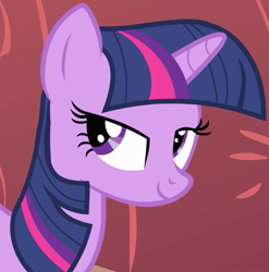 Size: 916x926 | Tagged: safe, screencap, twilight sparkle, pony, unicorn, g4, owl's well that ends well, season 1, cropped, female, golden oaks library, indoors, lidded eyes, mare, smiling, solo, unicorn twilight
