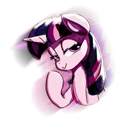 Size: 1000x1000 | Tagged: safe, artist:mrs1989, twilight sparkle, pony, unicorn, g4, bust, female, looking at you, mare, simple background, smiling, smirk, solo, unicorn twilight, white background