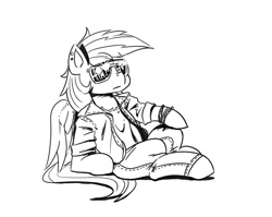 Size: 1000x797 | Tagged: safe, artist:mrs1989, rainbow dash, pegasus, pony, g4, bracelet, clothes, cool, denim, ear piercing, female, jacket, jeans, jewelry, mare, monochrome, pants, piercing, reclining, simple background, sketch, solo, sunglasses, white background
