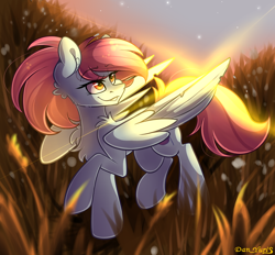 Size: 1856x1721 | Tagged: safe, artist:yuris, oc, oc only, oc:rainven wep, pegasus, pony, dawn, eyebrows, eyebrows visible through hair, field, grass, looking back, smiling, solo, trade