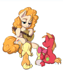 Size: 2416x2817 | Tagged: safe, artist:mrs1989, apple bloom, applejack, big macintosh, pear butter, earth pony, pony, g4, adorabloom, apple family, applebetes, baby, baby apple bloom, bow, colt, colt big macintosh, cute, diaper, female, filly, filly applejack, foal, guitar, hair bow, jackabetes, macabetes, male, mare, musical instrument, pearabetes, pigtails, ponybetes, simple background, smiling, transparent background, twintails, younger
