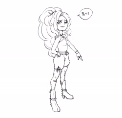 Size: 2424x2339 | Tagged: safe, artist:mrs1989, adagio dazzle, equestria girls, g4, boots, clothes, dialogue, female, full body, gem, high heel boots, korean, looking at you, monochrome, pointing down, shoes, simple background, siren gem, sketch, smiling, smirk, speech bubble, talking to viewer, white background