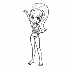 Size: 2424x2339 | Tagged: safe, artist:mrs1989, sonata dusk, equestria girls, g4, barefoot, clothes, feet, female, hand on hip, looking at you, monochrome, shorts, simple background, sketch, smiling, smiling at you, solo, tank top, waving, waving at you, white background