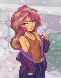 Size: 2080x2668 | Tagged: safe, artist:mrs1989, sunset shimmer, equestria girls, g4, braless, breasts, breath, clothes, female, jacket, korean, sideboob, small breasts, snow, snowfall, solo, tank top