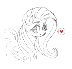Size: 1000x965 | Tagged: safe, artist:mrs1989, fluttershy, pegasus, pony, g4, female, heart, looking at you, mare, monochrome, simple background, sketch, smiling, smiling at you, speech bubble, white background